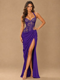 Sweetheart Halter Prom Dress Pleated Lace Floral Formal Dress with Slit