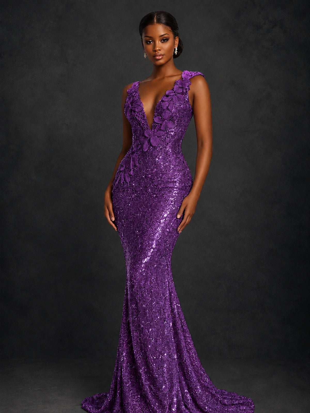 Gold Sequin Floral Applique Mermaid Prom Dress