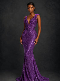 Gold Sequin Floral Applique Mermaid Prom Dress