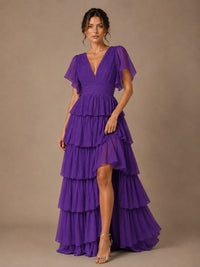 Chiffon V-Neck Tiered Ruffle Bridesmaid Dress with Slit