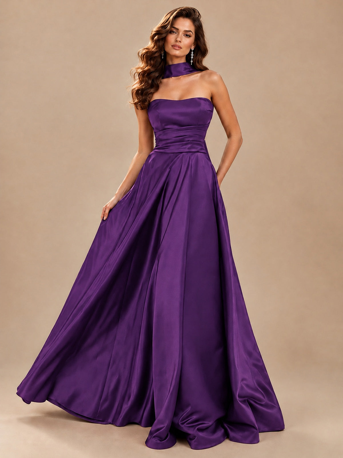 Strapless Prom Dress Side High Slit A-line Formal Dress with Scarf