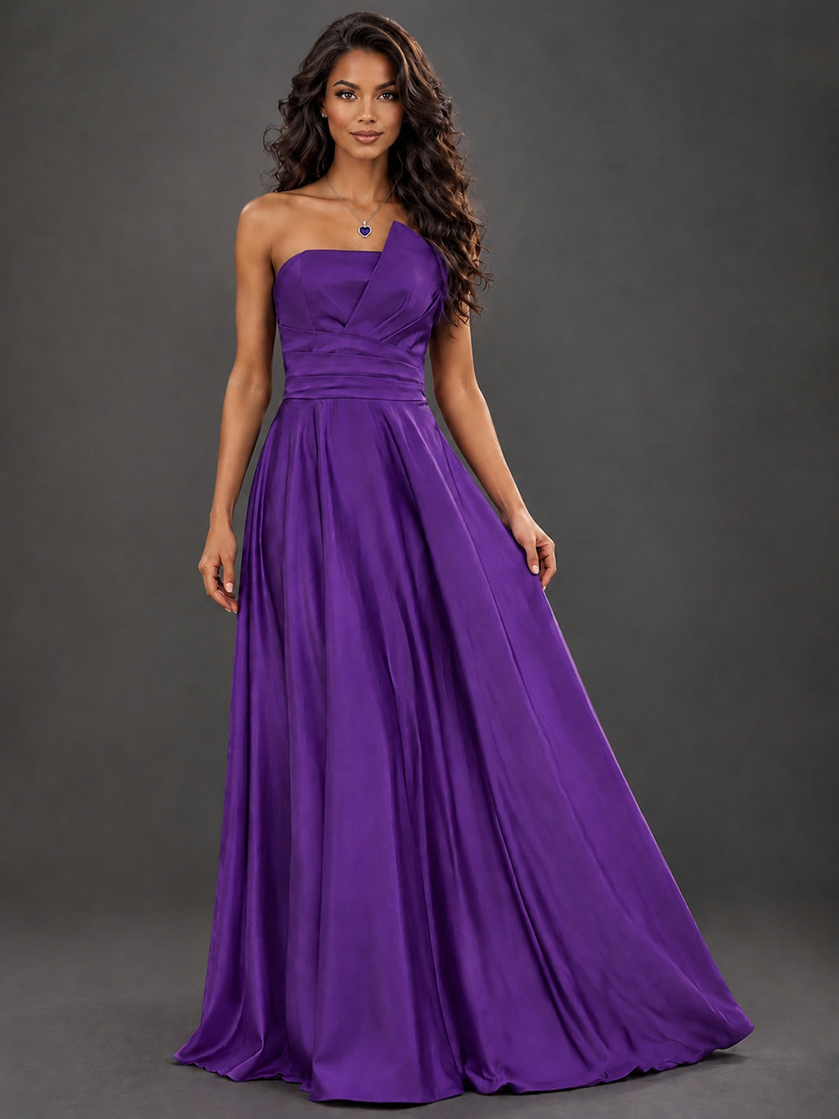 Draped Satin Prom Dress Strapless A-line Formal Dress Floor Length