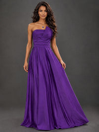 Draped Satin Prom Dress Strapless A-line Formal Dress Floor Length