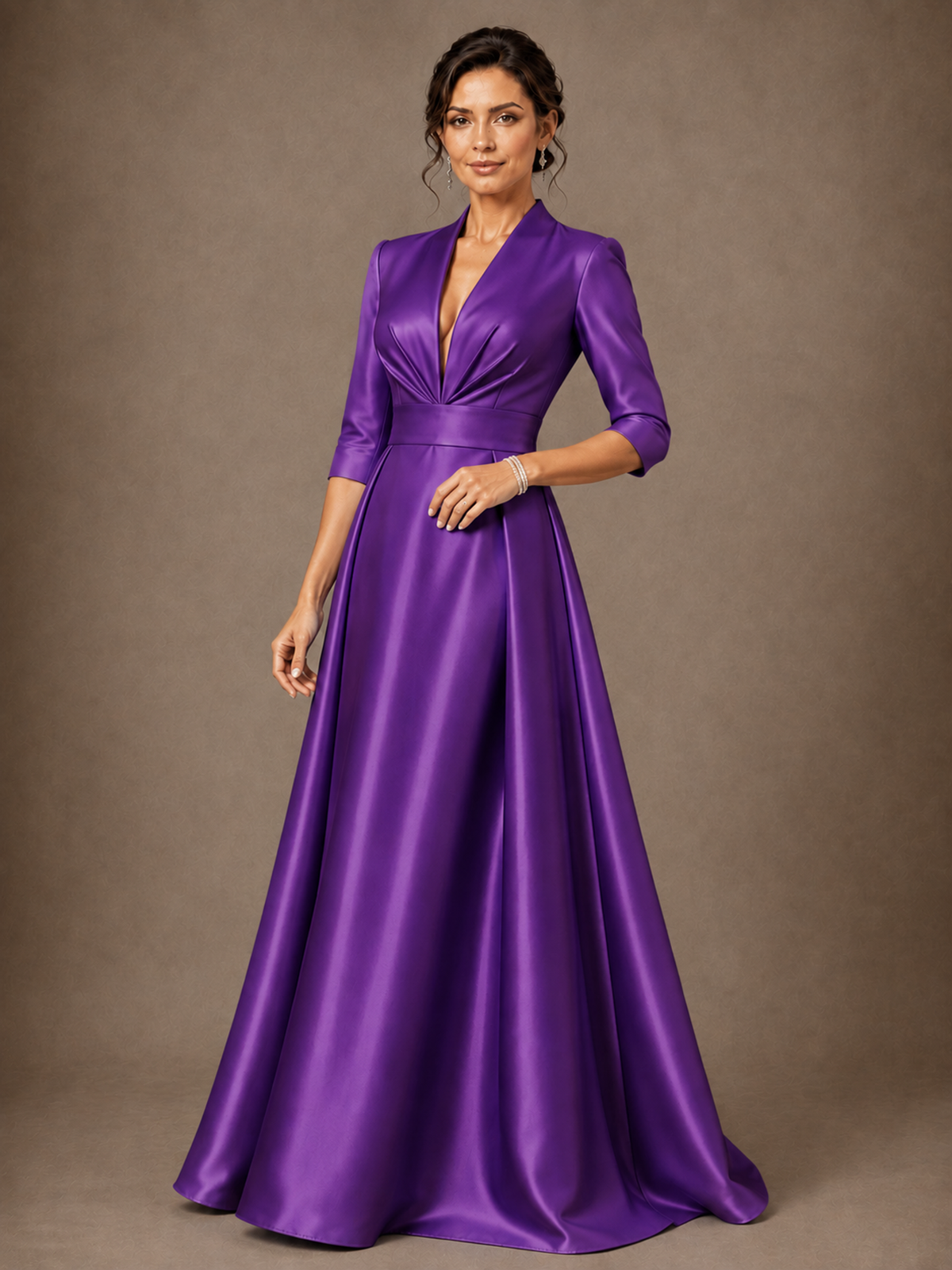 V-Neck Pleated Satin Mother of the Bride Gown with 3/4 Sleeves