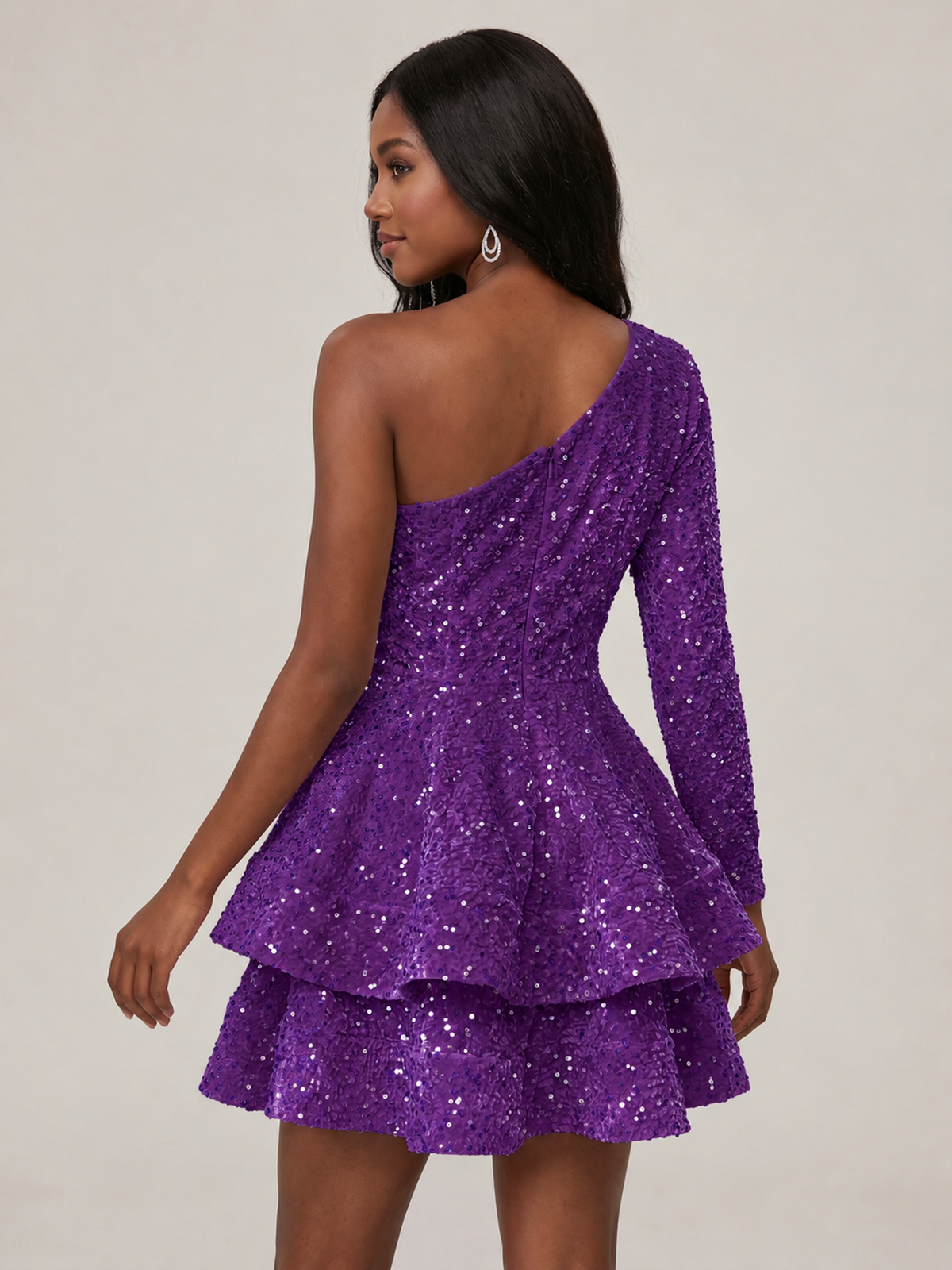 Puffy One Shoulder Sequin Tiered Mini Dress