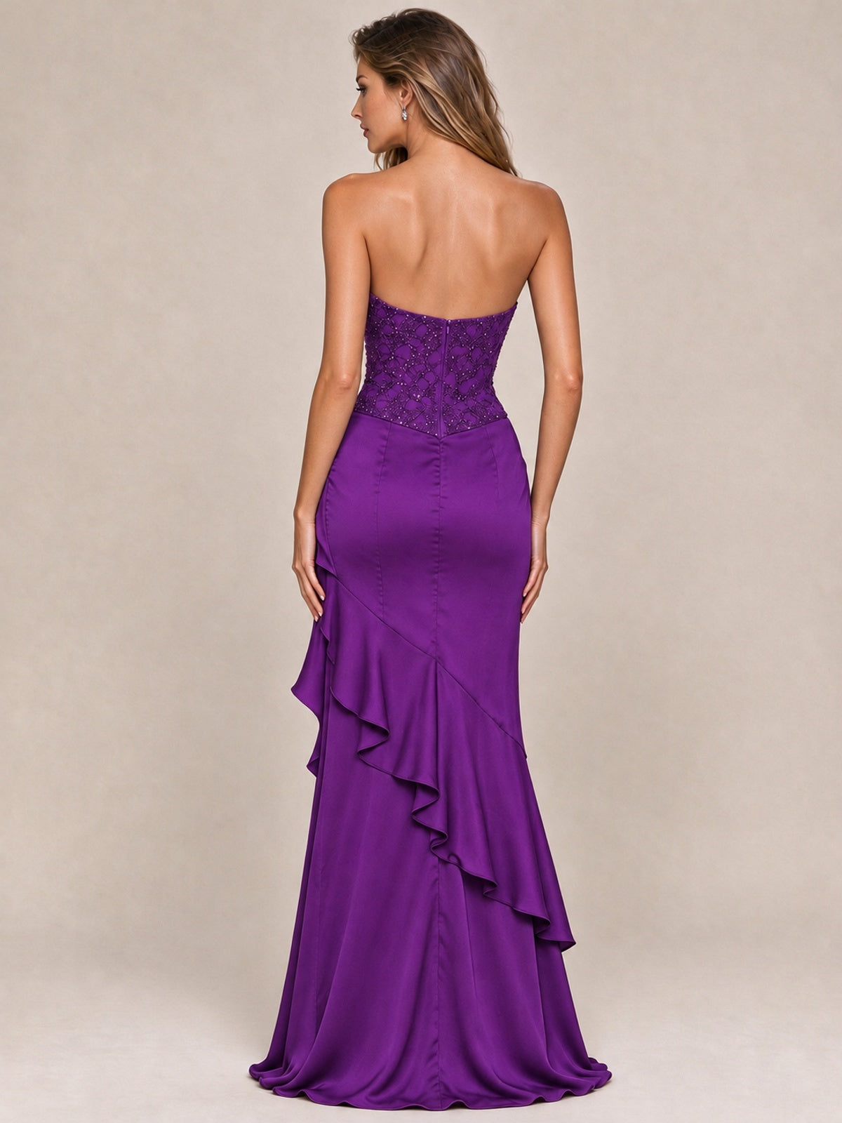 Strapless Lace Appliques Corset Satin Prom Dress Ruffle Slit Evening Gown
