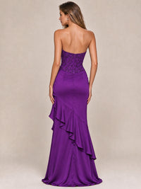 Strapless Lace Appliques Corset Satin Prom Dress Ruffle Slit Evening Gown