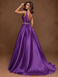 Satin A-Line Prom Dress Sleeveless Beaded Waist Formal Gown with Pockets