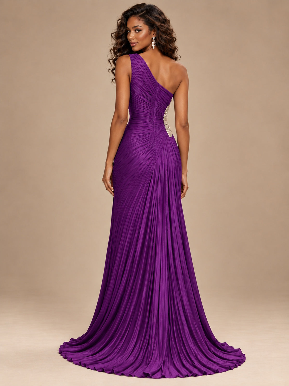 Burgundy One Shoulder Ruched Prom Dress with High Slit & Beaded Waist