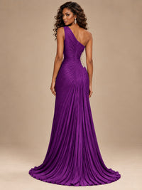 Burgundy One Shoulder Ruched Prom Dress with High Slit & Beaded Waist
