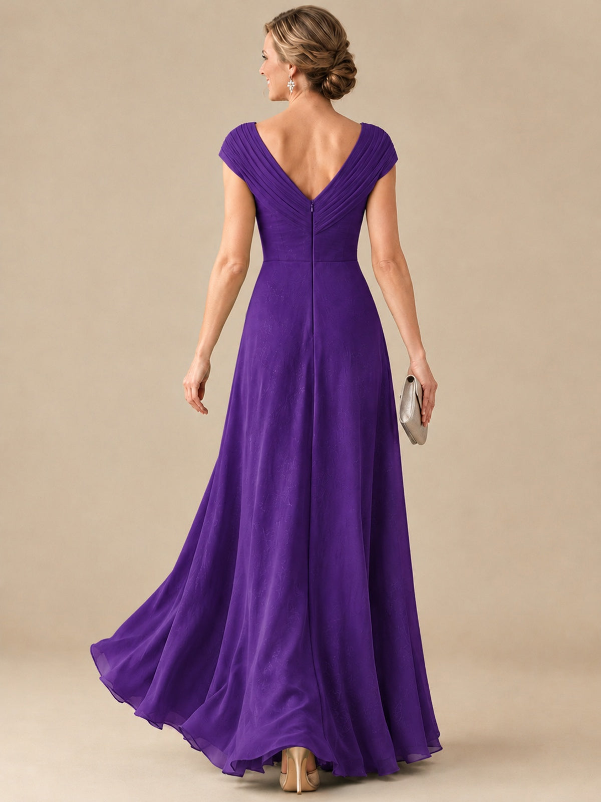 Pleated Chiffon Lace Mother of The Bride Dresses with Beading Cap Sleeves