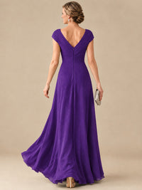 Pleated Chiffon Lace Mother of The Bride Dresses with Beading Cap Sleeves