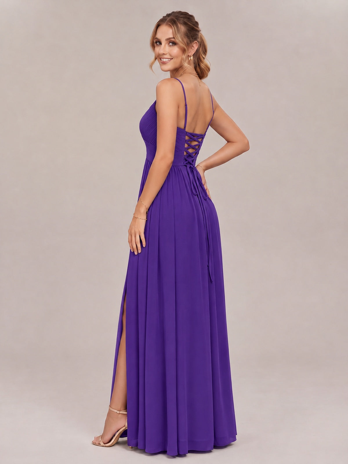 V-Neck Pleated Chiffon Long Bridesmaid Dress with Slit