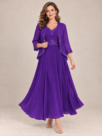 Dusty Blue Floral Lace Chiffon Mother of the Bride Dress with Jacket