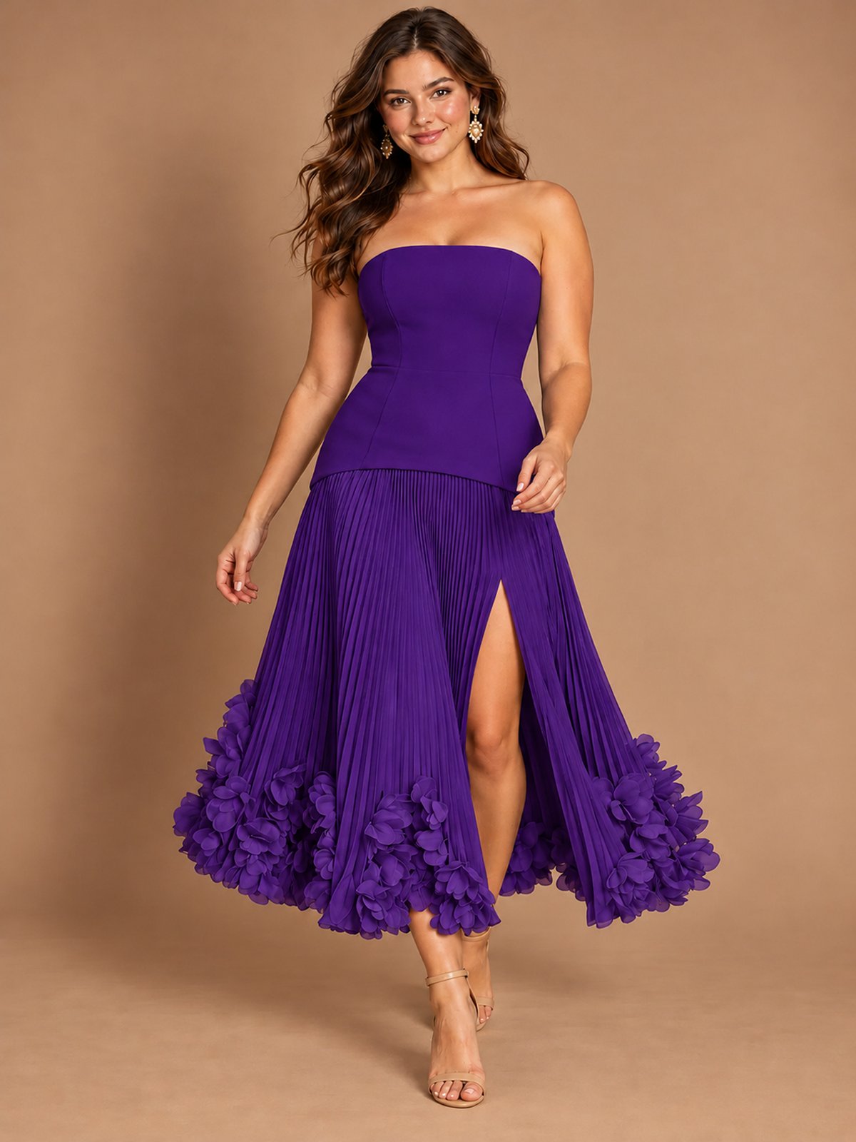 Navy Blue Strapless Pleated A-Line Midi Dress with 3D Floral Applique