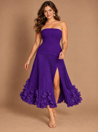Navy Blue Strapless Pleated A-Line Midi Dress with 3D Floral Applique