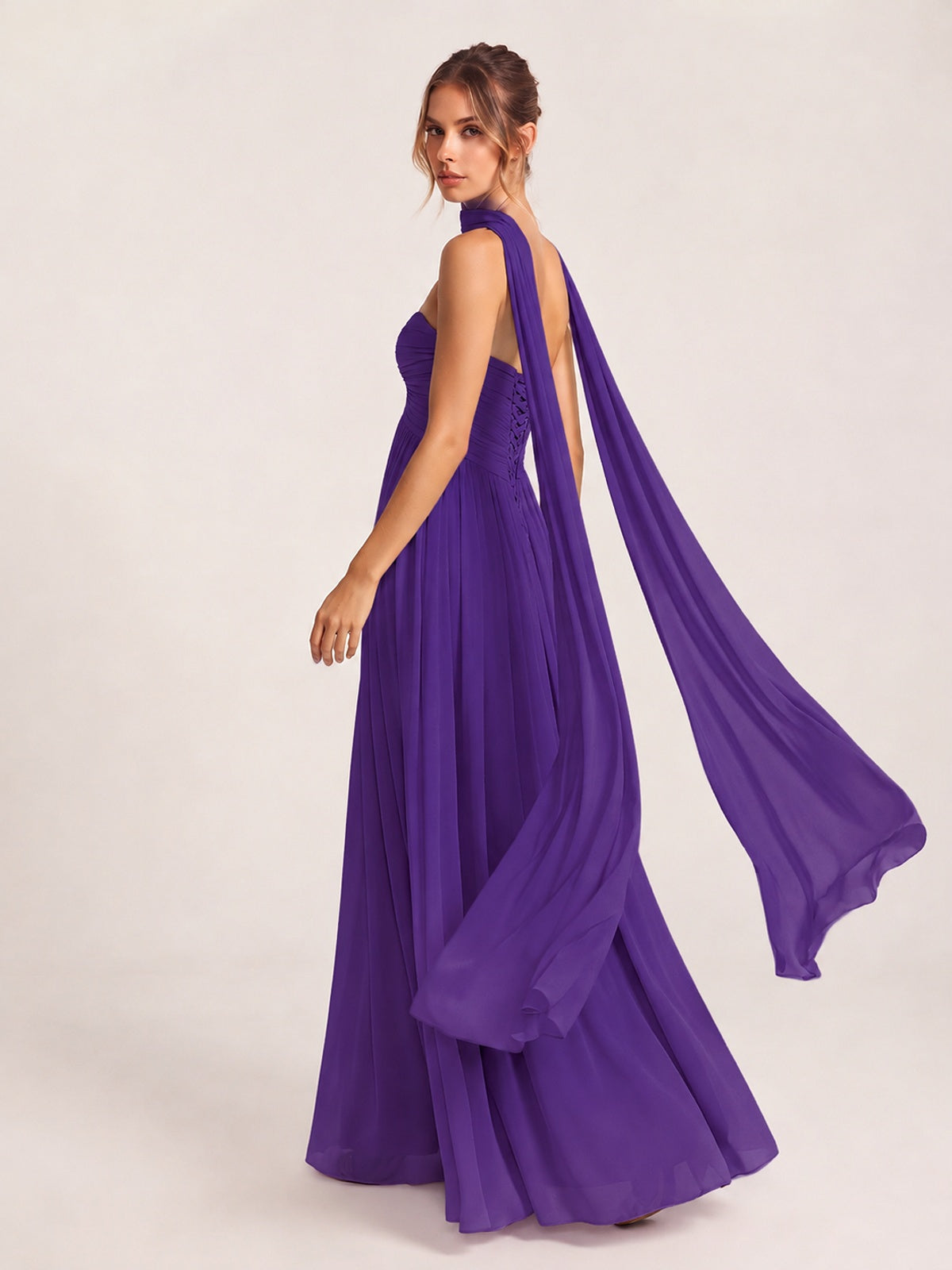 Strapless Ruched Chiffon Long Prom Dress with Scarf
