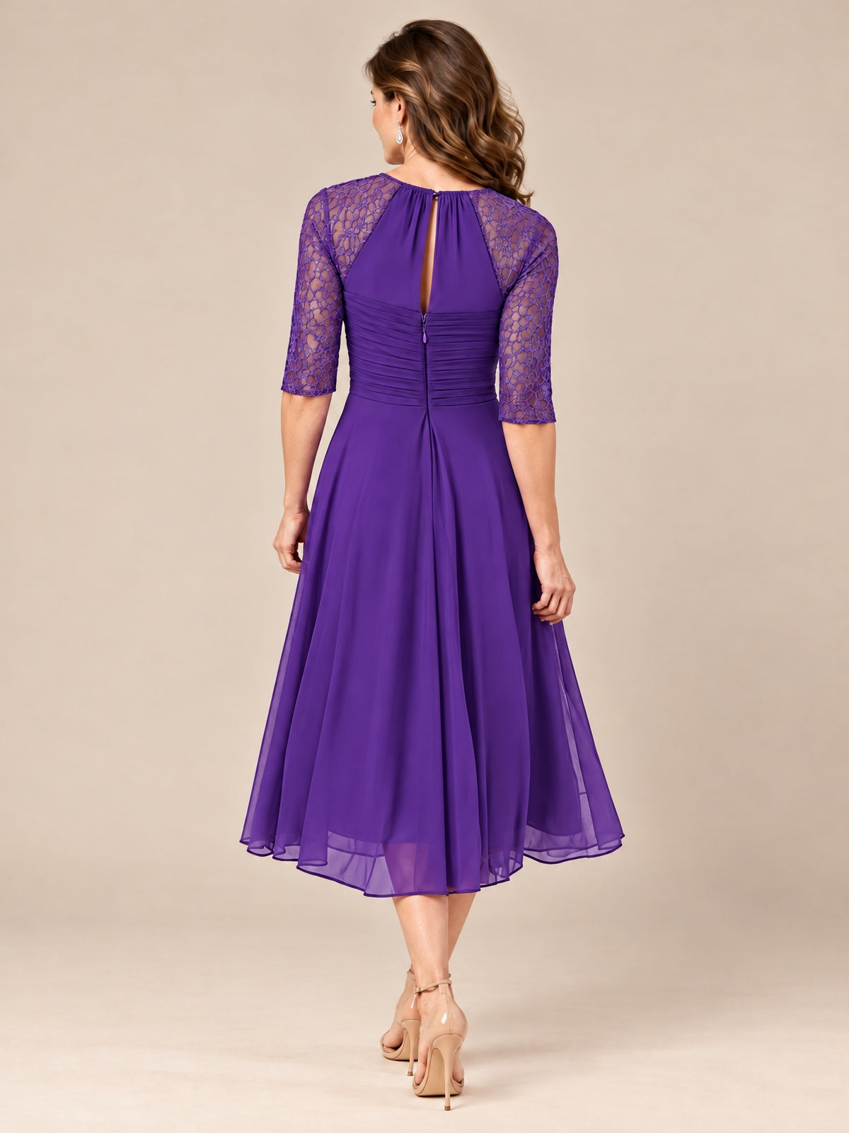 Tea-Length Mother of the Bride Dress with Lace 3/4 Sleeves