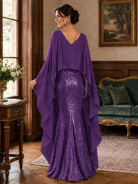 Sequin 2 Pieces Mother of the Bride Dress with Cap Sleeves Chiffon Formal Gowns