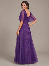V-Neck Sequin Tulle Mother of the Bride Dress with Flutter Sleeve