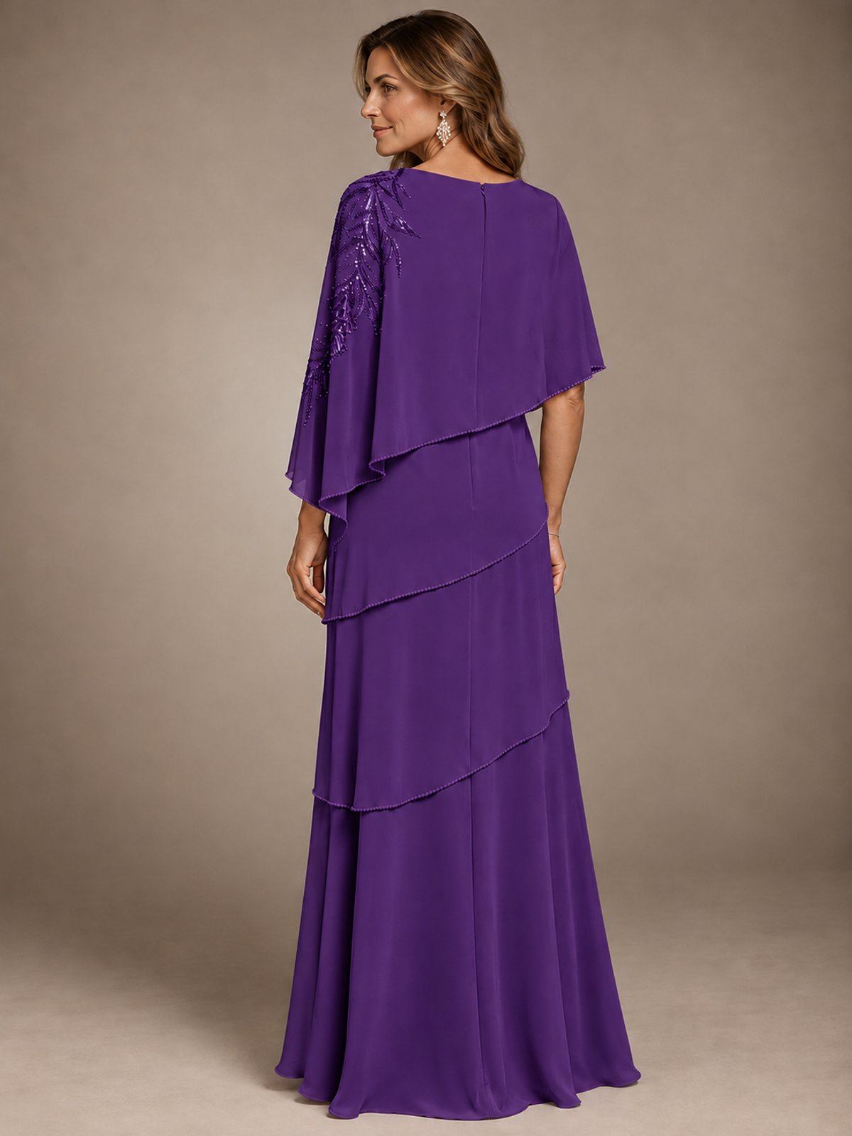 Elegant Chiffon Cape Sleeve Beaded Mother of the Bride Dress
