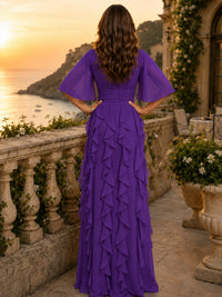 Elegant Chiffon Mother of the Bride Dress with Flutter Sleeves and Ruffle Skirt