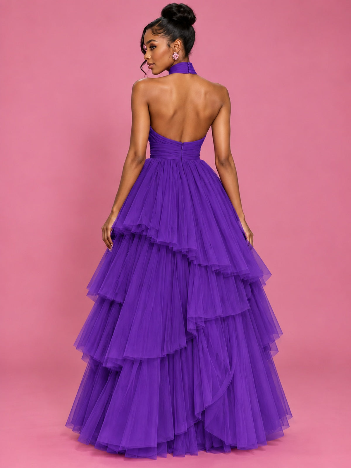Hot Pink Tulle Halter Neck Tiered Ruffle Maxi Dress