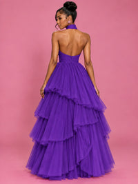 Hot Pink Tulle Halter Neck Tiered Ruffle Maxi Dress