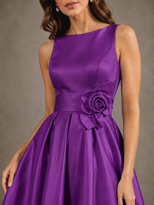 Tea-Length Satin Mother of the Bride Dress with 3D Flower Detail