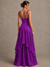 Lavender Satin V-Neck Ruffle Maxi Dress