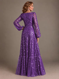 Floral Sequin Embroidered A-Line Mother of the Bride Dress with Long Sleeves