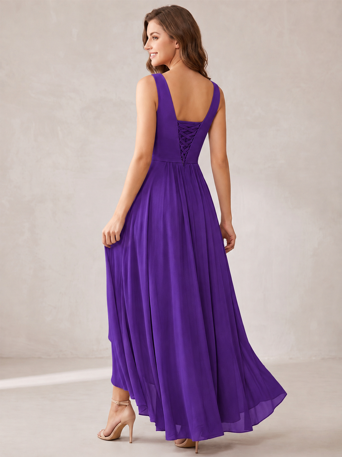 V-Neck High-Low Chiffon Bridesmaid Dress with Ruffles