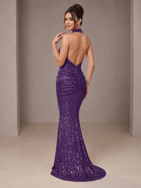 Gold Halter Sequin Mermaid Ruched Prom Dress Long Ruched Evening Gown
