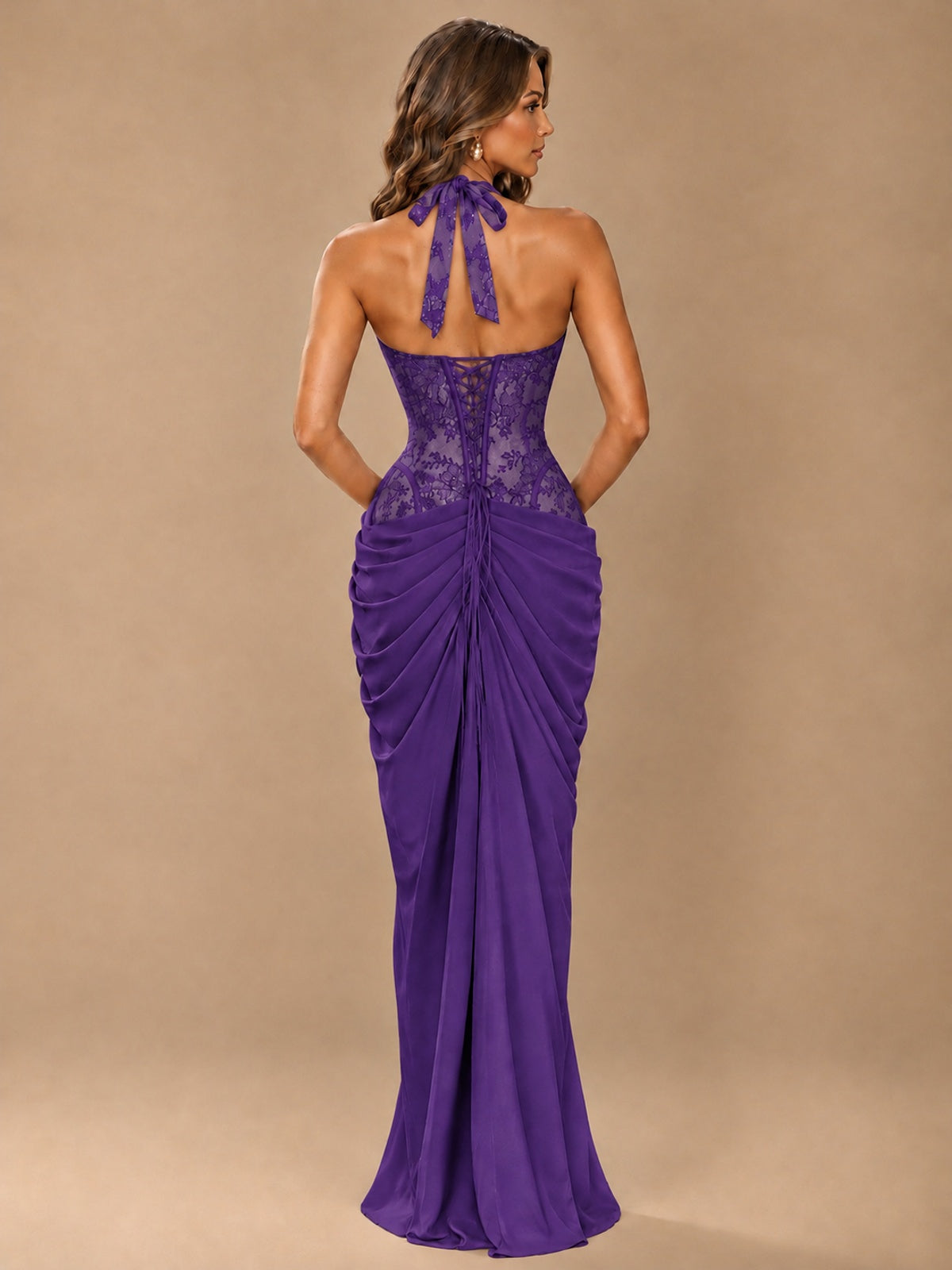 Sweetheart Halter Prom Dress Pleated Lace Floral Formal Dress with Slit