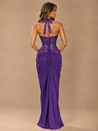 Sweetheart Halter Prom Dress Pleated Lace Floral Formal Dress with Slit