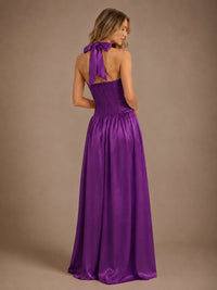 Pink V Neck Halter Satin Maxi Dress