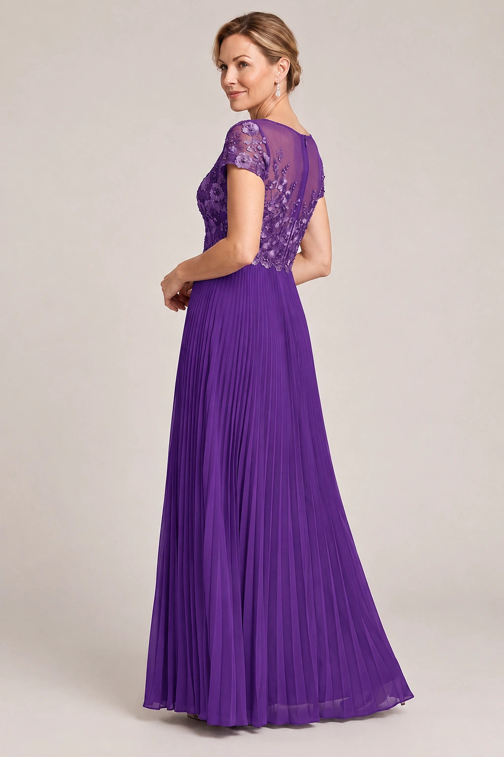 Embroidered Lace Pleated Mother of the Bride Dress