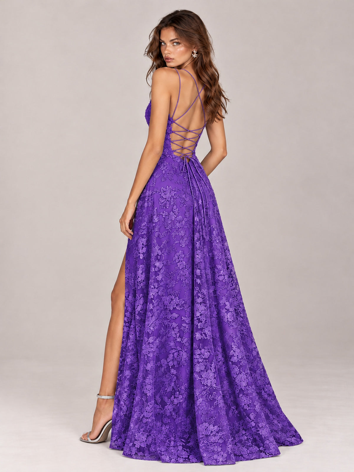 Floral Lace A-Line Prom Dress with Spaghetti Straps & High Slit