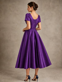 V-Neck Tea-Length Satin Mother of the Bride Dress with Bow