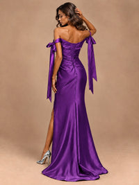 Off The Shuolder Satin Prom Dress Slit Mermaid Formal Gowns