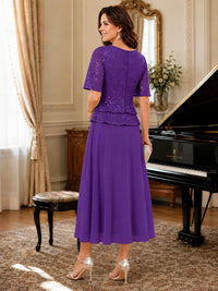 Tea-Length Chiffon Mother of the Bride Dress with Sequin Lace Sleeves