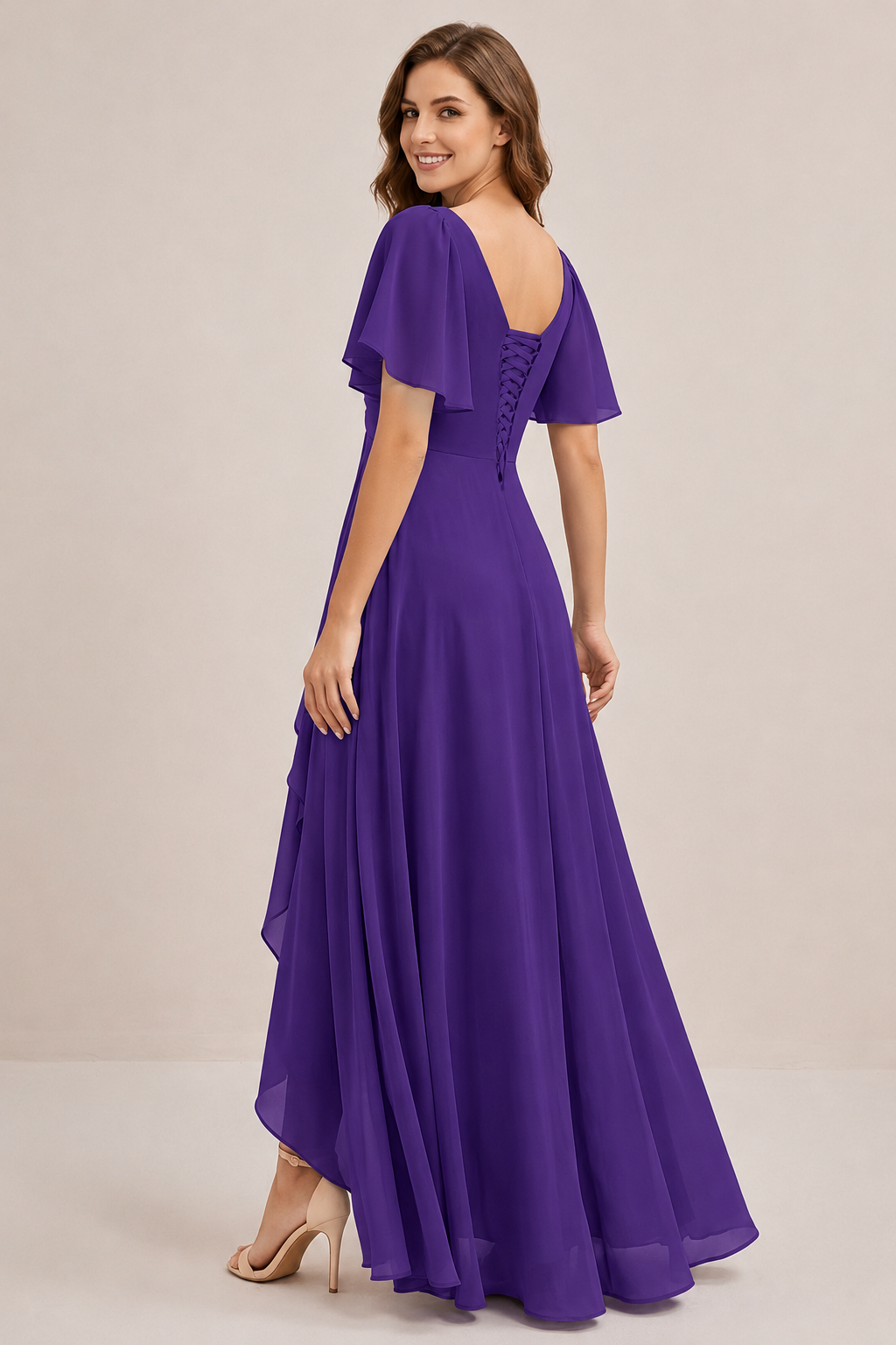 Dusty Blue Chiffon Bridesmaid Dress with Flutter Sleeves & High-Low Hem