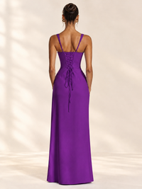 Square Neck Satin Sleeveless Ruched Prom Dress with High Slit