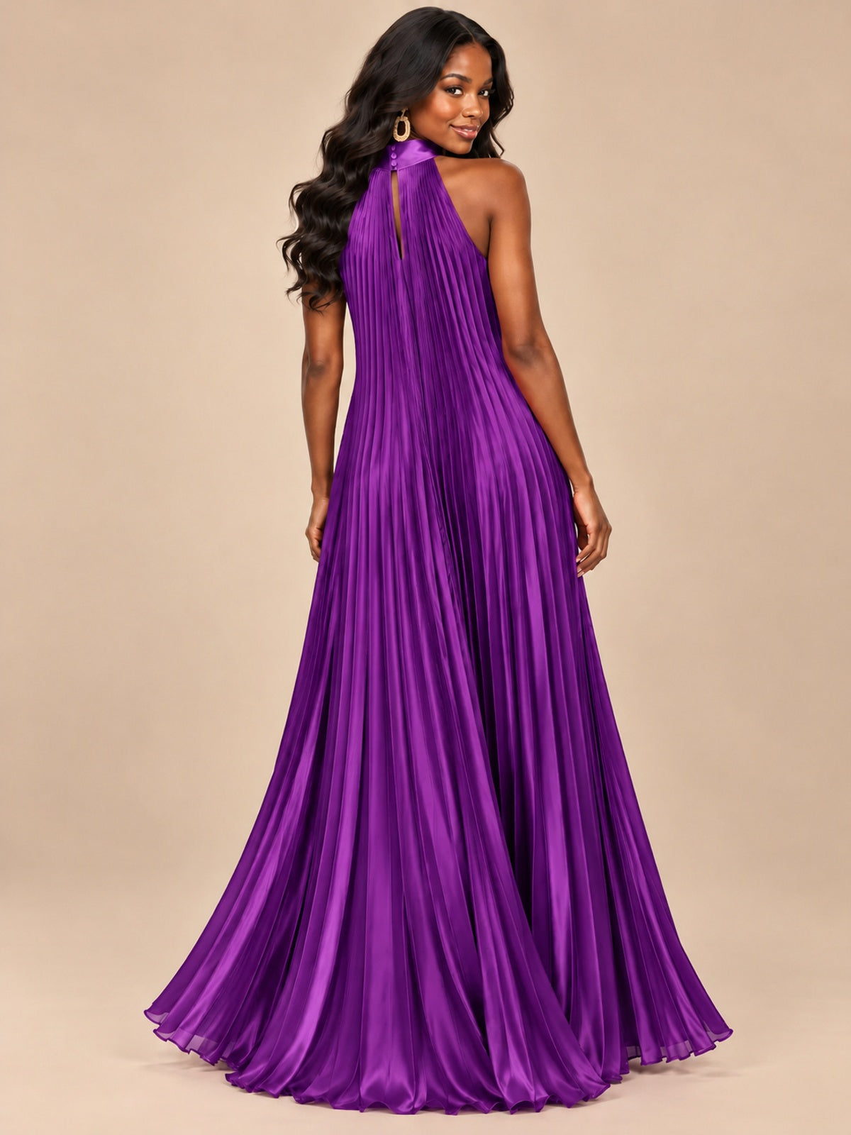 Rust Orange Pleated Halter Neck Maxi Dress