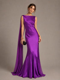 Burgundy Satin Mermaid Cape Maxi Dress