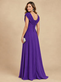 V Neck Pleated Mother of The Bride Dresses with Beading Cap Sleeves