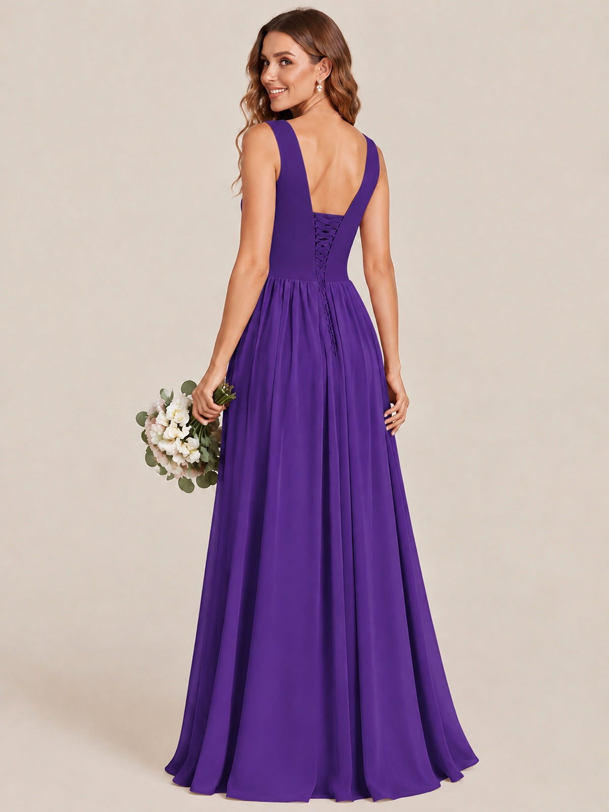 A-line Sleeveless Rucehd Chiffon Bridesmaid Dress with High Slit