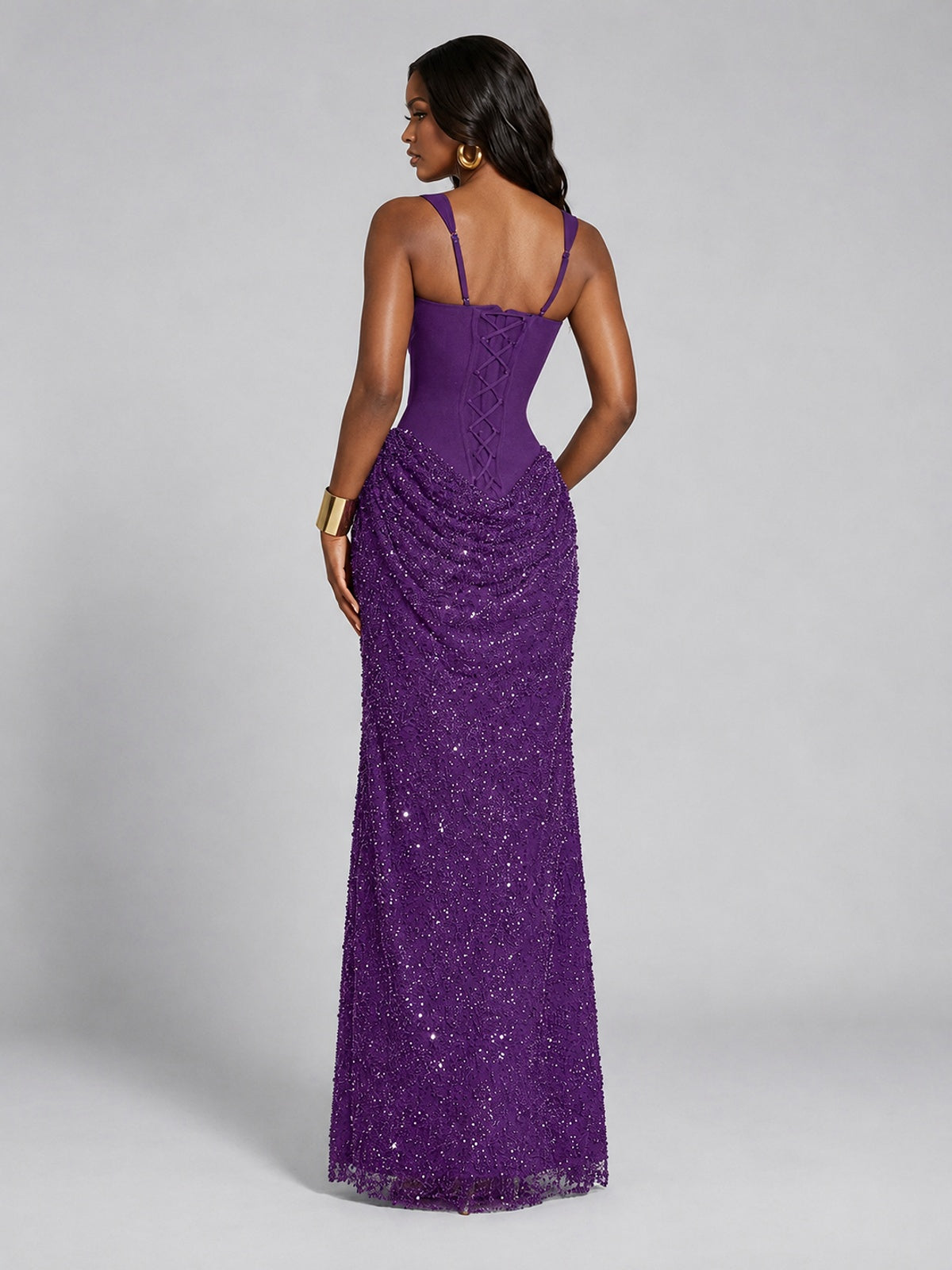 Sequin Corset Mermaid Prom Dress with Square Neck Wide Strap High Slit