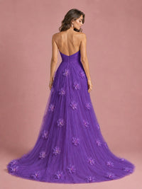 3D Floral Applique Strapless Tulle Prom Dress with High Slit