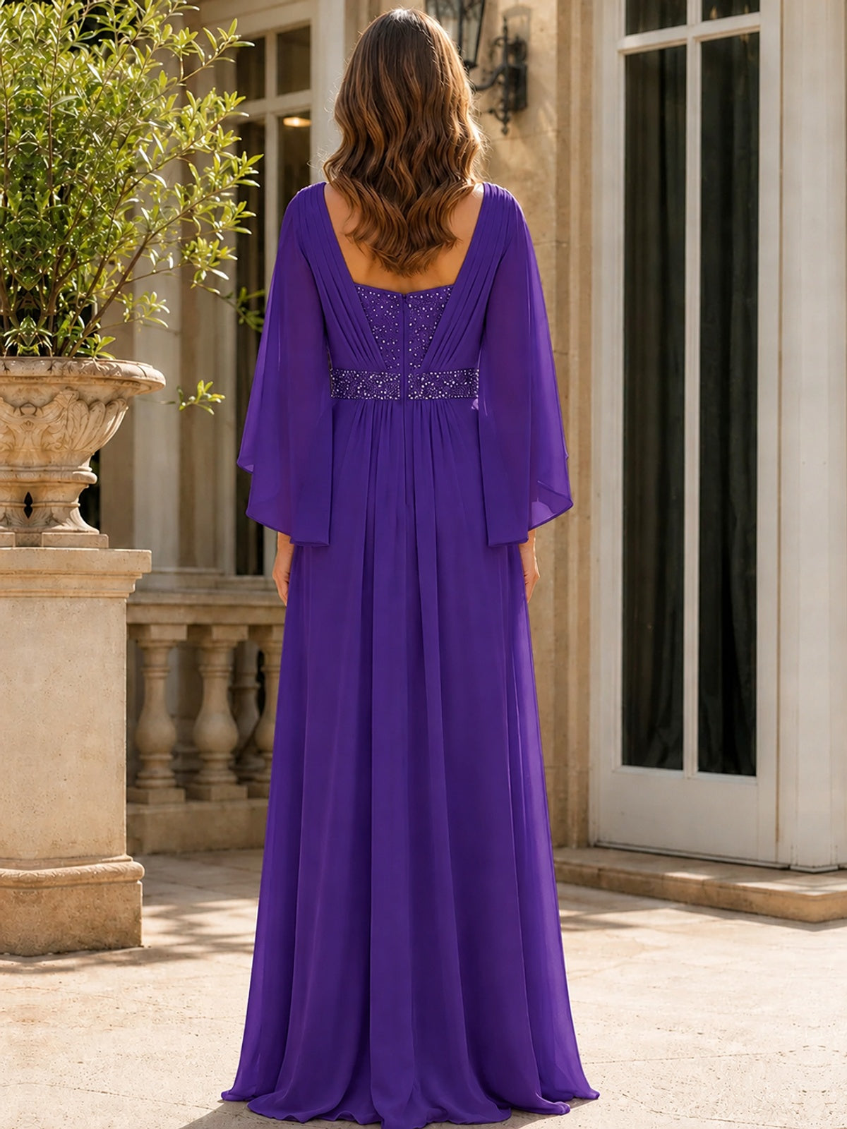 Elegant V-Neck Sequined Chiffon Mother of the Bride Dress with Flutter Sleeves